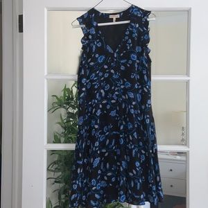 Rebecca Taylor vneck bright blue and black floral vneck silk dress with ruffles